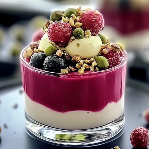 Un dessert en verre avec des fruits rouges et des noix.