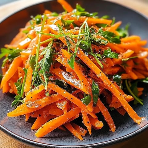 Carottes râpées garnies de verdure fraîche.