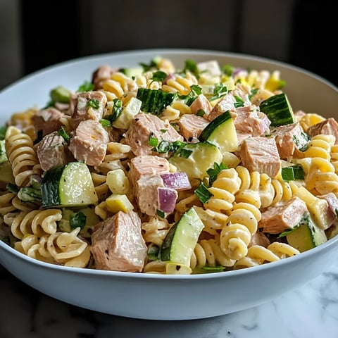 Bol de pâtes avec légumes verts, touche de thon et herbes fraîches.