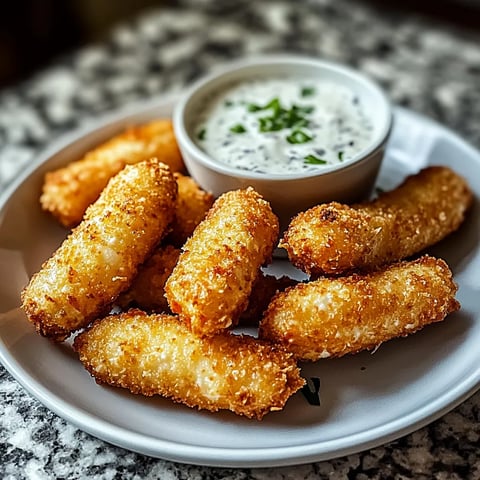 Un plat rempli de bâtons dorés avec sauces.