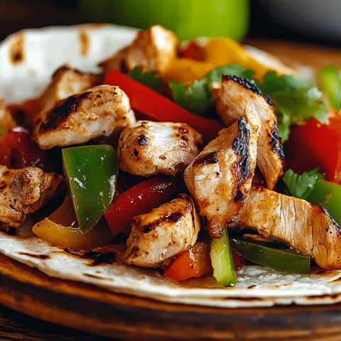 Un plat coloré avec du poulet grillé, des tomates fraîches, des poivrons coupés et de la coriandre.