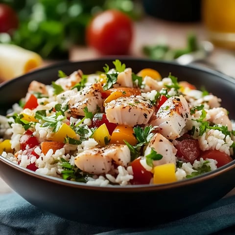 Un bol appétissant garni de légumes colorés et morceaux de poisson.