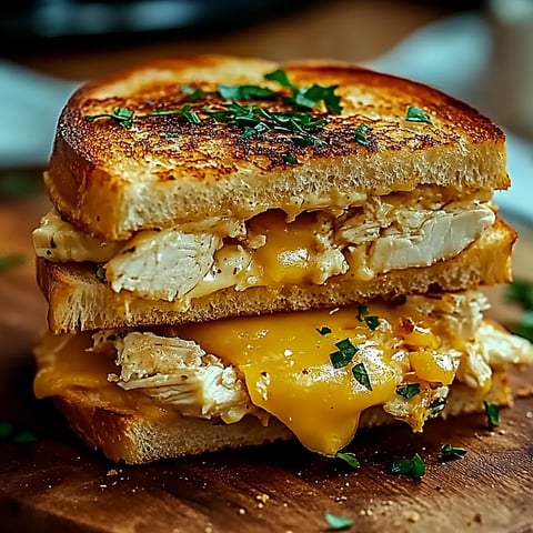 Une tranche de sandwich grillé avec du fromage et des herbes vertes.