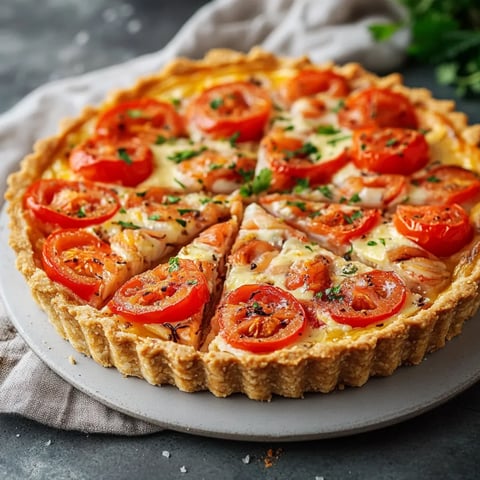 Une quiche aux tomates présentée sur un plateau rustique.
