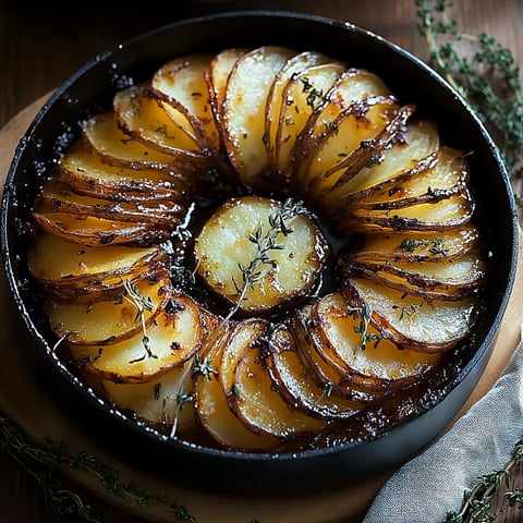 Une galette dorée de pommes de terre est présentée dans un plat rustique.