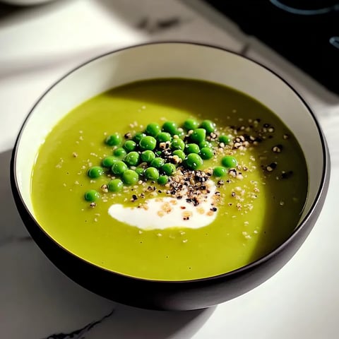 Un velouté vert garni d'herbes fraîches et quelques graines.