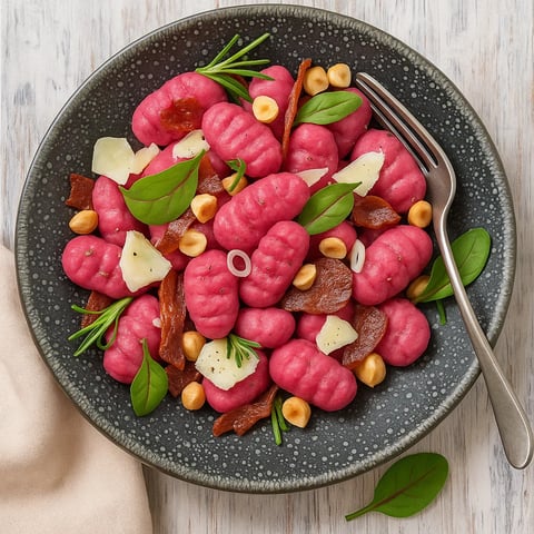 Une assiette de pâtes rouges avec des légumes verts et des noix.