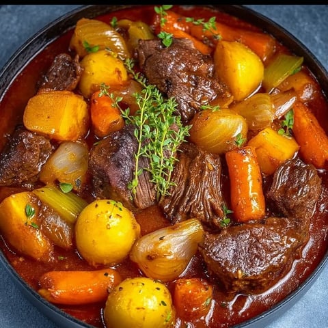 Un plat généreux avec du bœuf, des légumes variés comme des carottes et des pommes de terre.