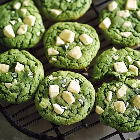 Des biscuits verts empilés avec des pépites blanches sur le dessus.