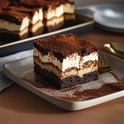 Un morceau de gâteau chocolaté garni de miettes croquantes sur le dessus.