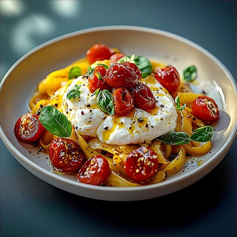 Pâtes à la burrata et tomates confites