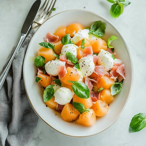 Salade de melon, mozzarella et jambon cru