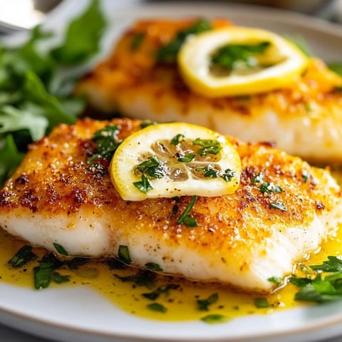 Des morceaux de poisson dorés avec des rondelles de citron et herbes fraîches.