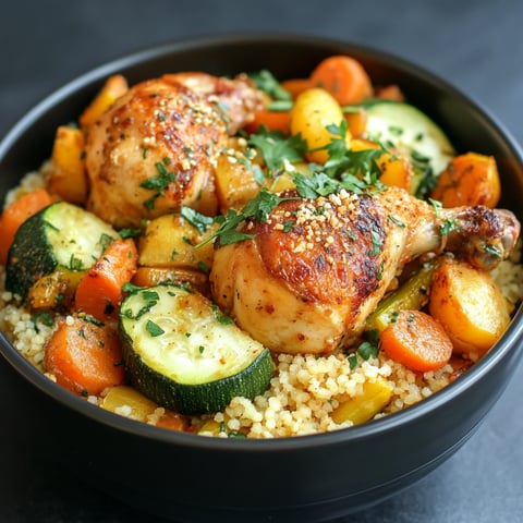 Une assiette de couscous au poulet avec des légumes verts et des carottes.