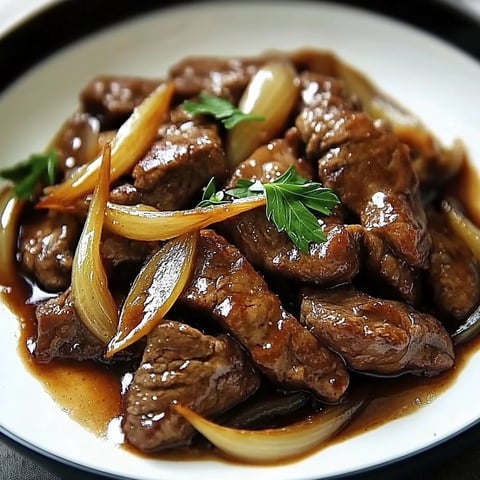 Un plat fumant de bœuf avec oignons caramélisés.