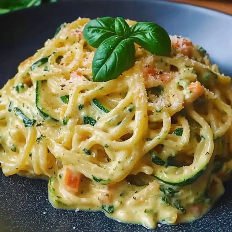 Une assiette de spaghetti à la crème de courgette.