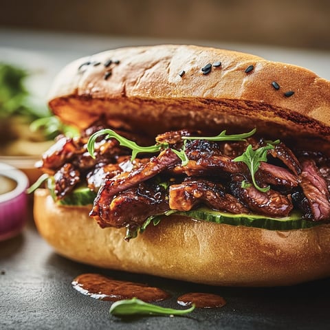Un délice de sandwich coréen garni de bœuf tendre avec verdure et herbes fraîches.