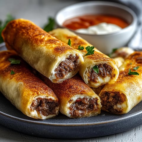 Des rouleaux dorés farcis de viande et fromage.