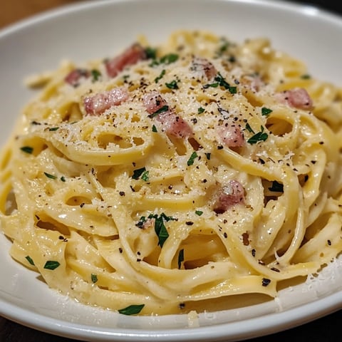 Une assiette de spaghetti carbonara italiens, avec des morceaux de lardons, des herbes fraîches et du parmesan râpé.