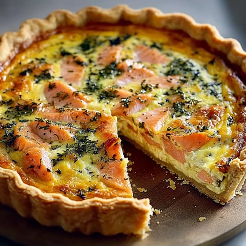 Une délicieuse tarte au saumon et fromage présentée sur un joli plateau.