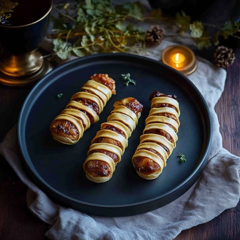 Une plaque de saucisses momie sur une table.