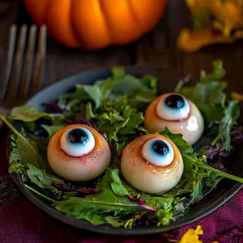 Des oeufs d'Halloween à la betterave sur un plateau.
