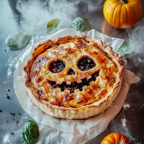 Une tourte d’Halloween en version végétarienne, rigolote avec des yeux et une bouche en pâte.