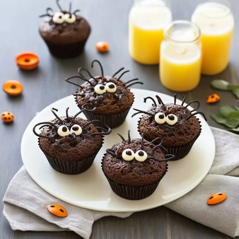Muffins chocolat façon araignée pour Halloween.