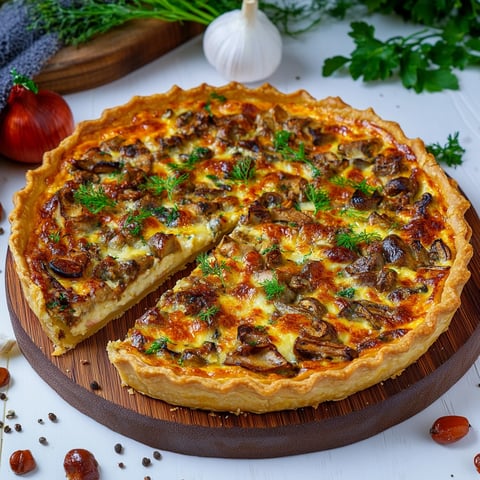 Belle tarte dorée au poulet, girolles et fromage emmental.