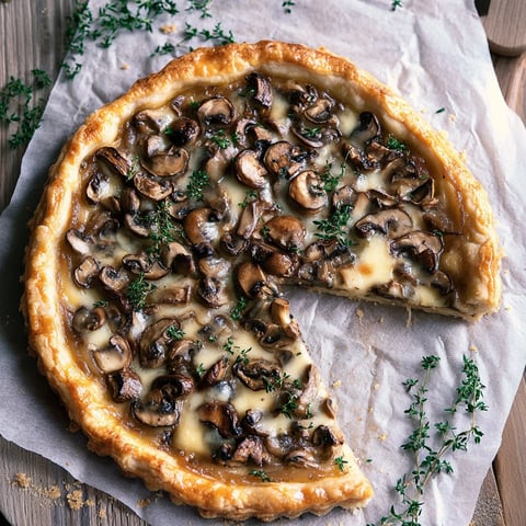 On voit une belle tarte fine avec des champignons servie en entier sur une table.