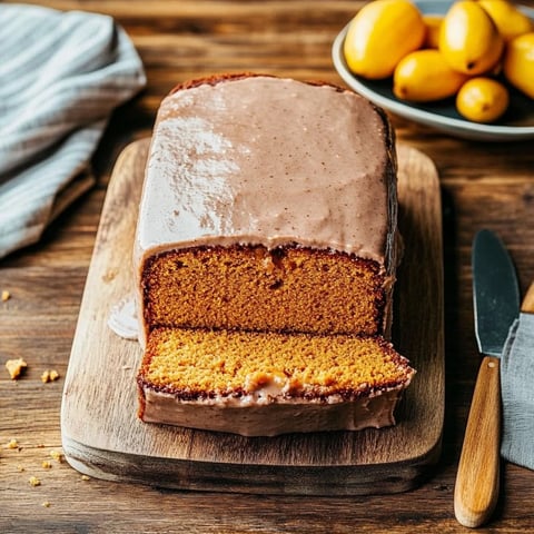 Un beau cake à la courge sur une planche en bois.