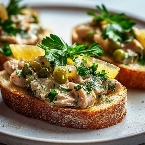 Petites tranches croustillantes garnies de verdure et de citron frais.