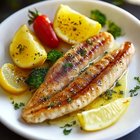 Poisson grillé avec brocolis et tranches de citron.