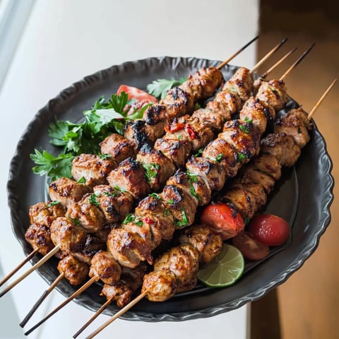 À la marocaine, des brochettes d’agneau sur leur plateau.