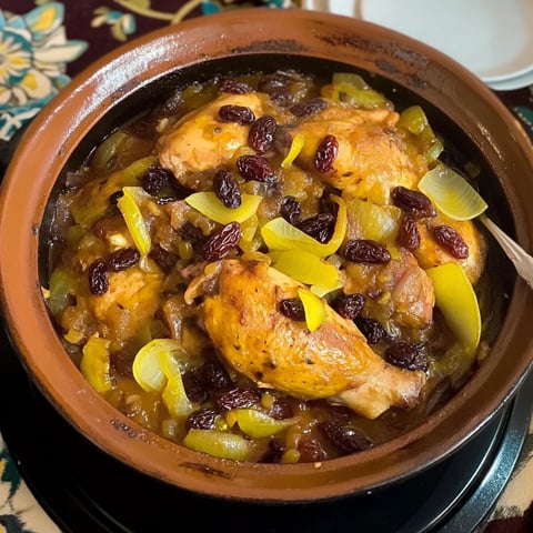 Tajine maison au poulet, oignons dorés et raisins secs.
