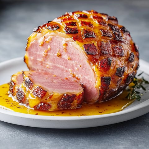 A plate of ham with mustard and honey.