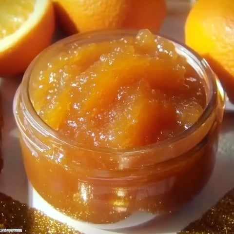 A jar of orange marmalade on a table.