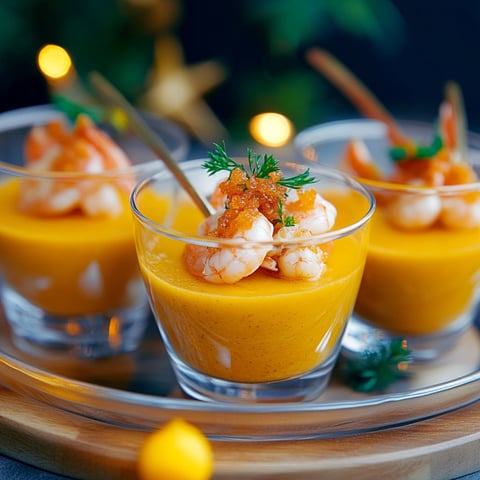 Three small glasses filled with a creamy orange sauce and shrimp.