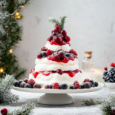 A Christmas tree shaped cake with berries and whipped cream.