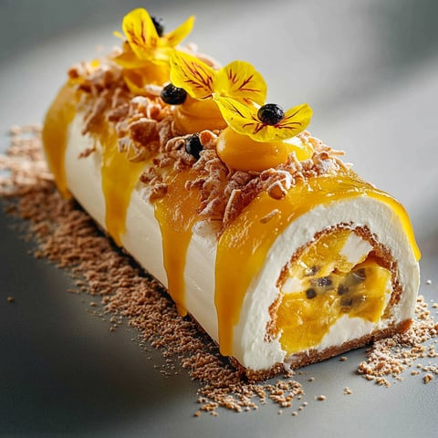 A pastry with a yellow filling and a flower on top.