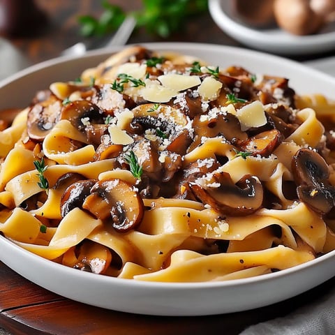 A plate of pasta with mushrooms and cheese.