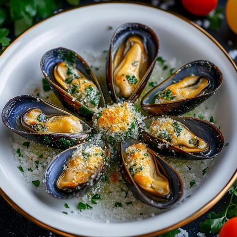 A plate of mussels with Parmesan cheese and parsley.