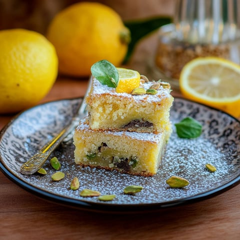 A slice of cake with lemon and pistachio toppings.
