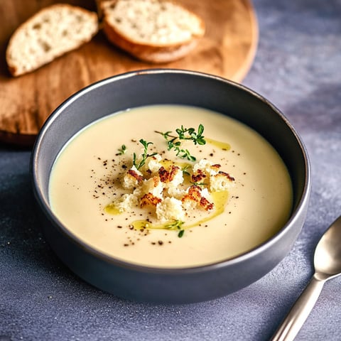 A bowl of soup with a spoon in it.