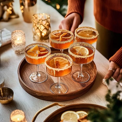 A wooden tray with four glasses of spritz à la clémentine.