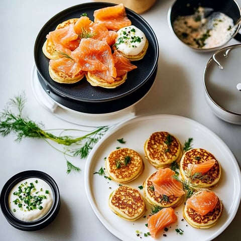 Blinis with salmon and cream.