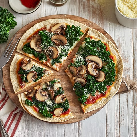 A pizza with mushrooms and kale on a wooden board.