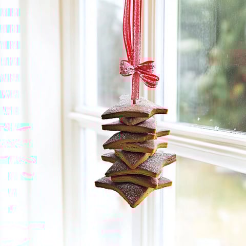 A stack of biscuits hanging from a string.