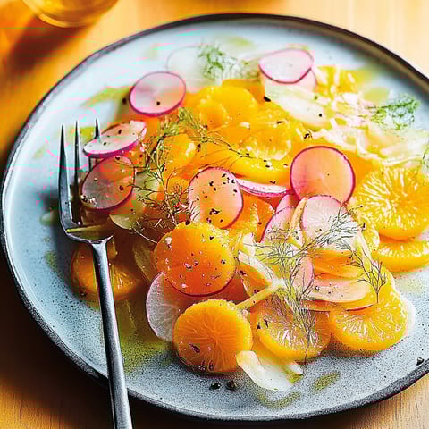 A plate of food with orange slices, carrots, and parsley.