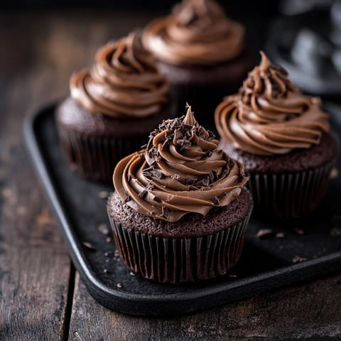 Three chocolate cupcakes on a tray.